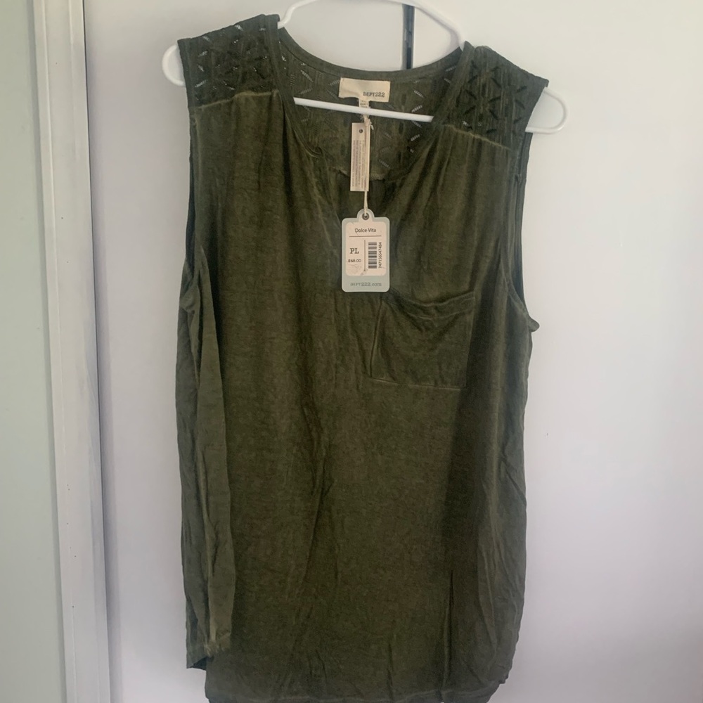 Dolce Vita Olive Green Sleeveless Knit Top with Crochet Yoke